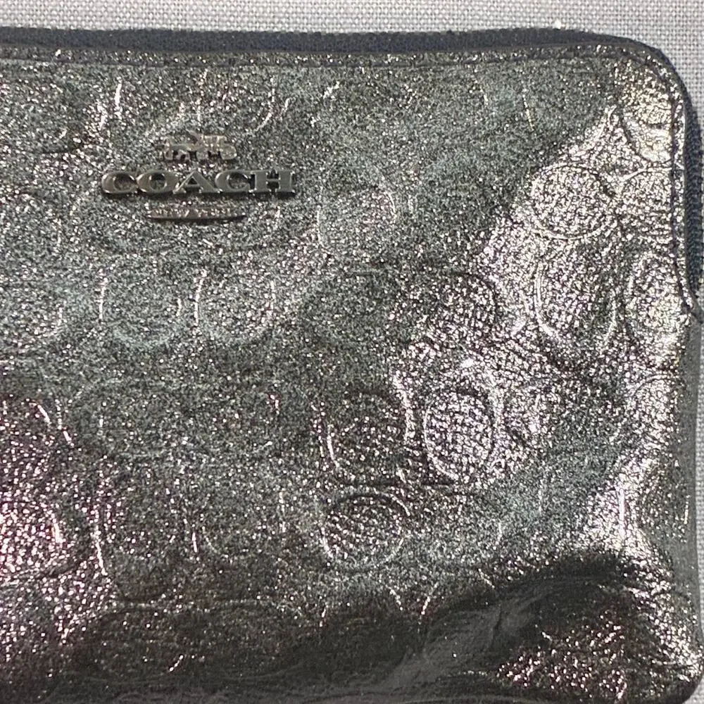 Coach Metallic Signature Embossed Leather Wristlet Black Gunmetal Zip Pouch